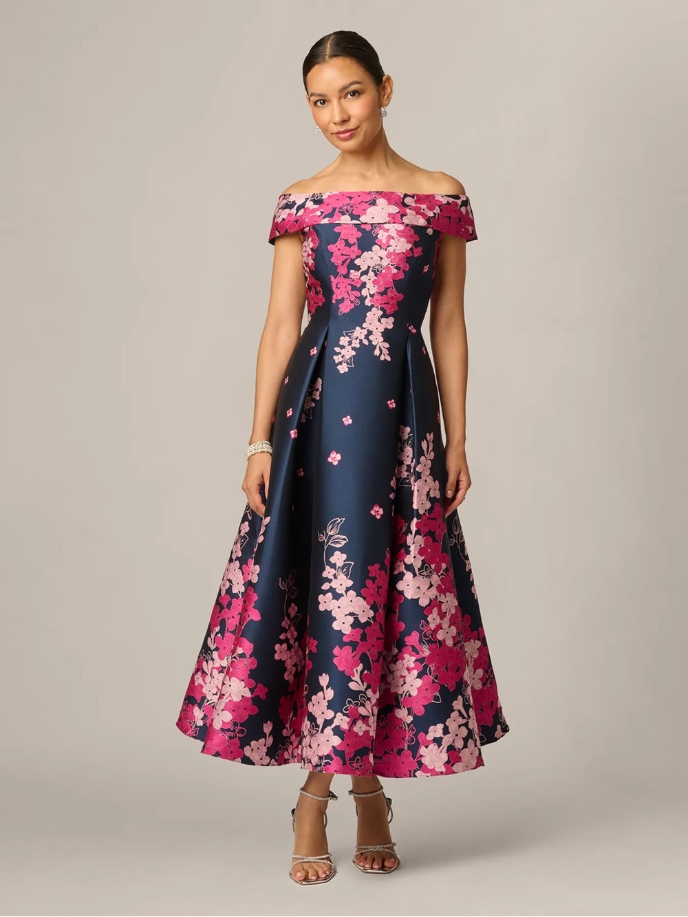 Adrianna Papell Navy Off-Shoulder Midi Dress with Pink Floral Print